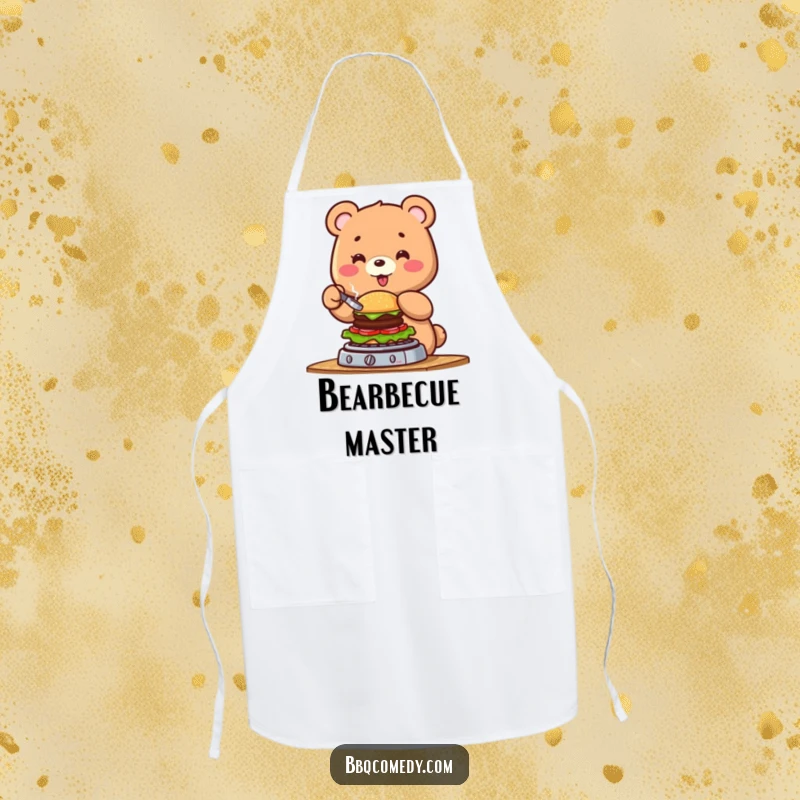 Funny cheerful bear flipping a tiny burger on a grill, a practical and humorous apron for cooking.