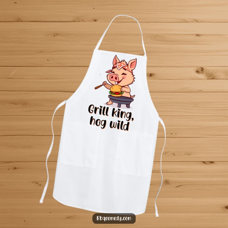 Funny boar wearing a bandana, enthusiastically flipping a miniature burger on a grill, ready to cook in this funny apron.