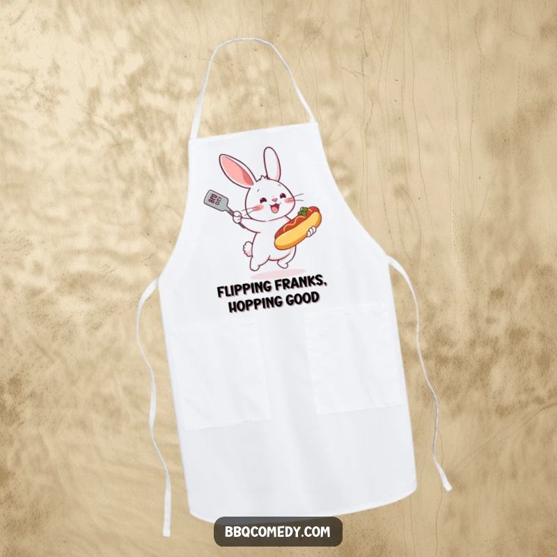 Bouncing bunny with a spatula enthusiastically flipping a miniature hot dog on a grill, wearing this funny apron.