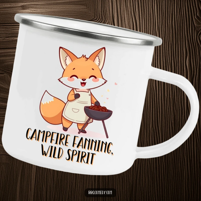 Cute fox in an apron fanning a small charcoal barbecue, a durable and funny mug for outdoor trips.