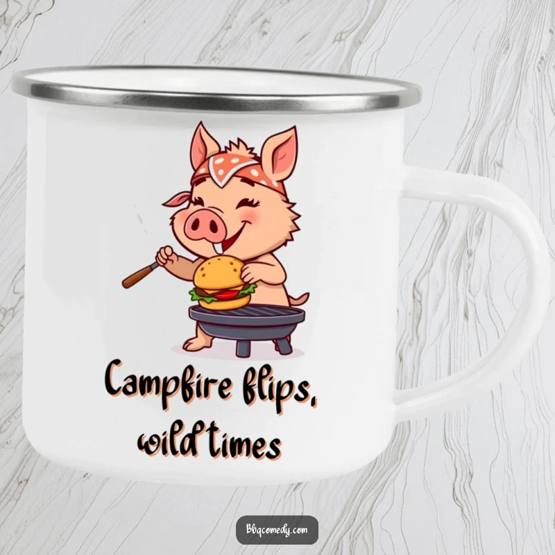Funny boar in a bandana grilling a miniature burger, a durable and funny mug for outdoor adventures.