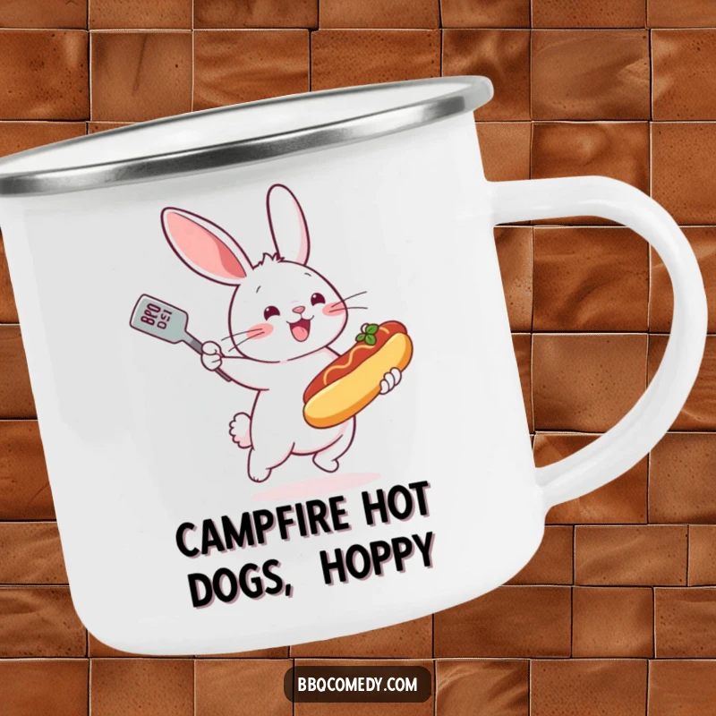 Bouncing bunny with a spatula flipping a miniature hot dog on a grill, a durable and funny mug for camping.