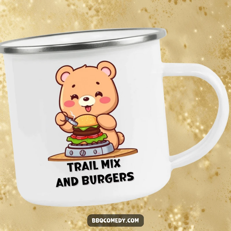 Funny cheerful bear flipping a tiny burger on a grill, a sturdy camping mug for outdoor burger enjoyment.