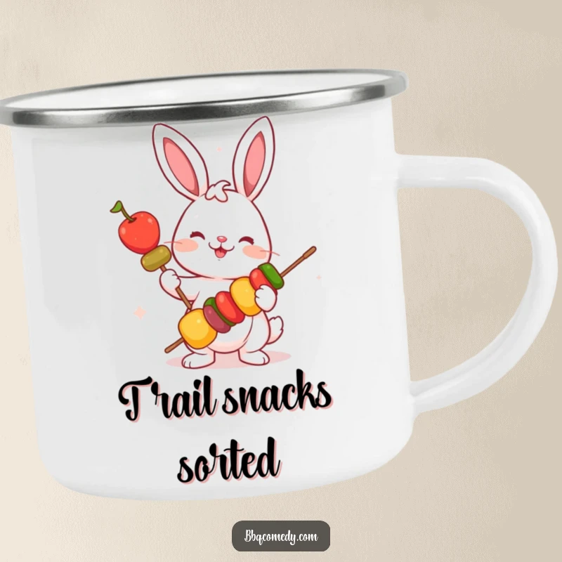 Funny playful bunny holding a skewer with colorful vegetables, a sturdy camping mug for healthy outdoor enjoyment.