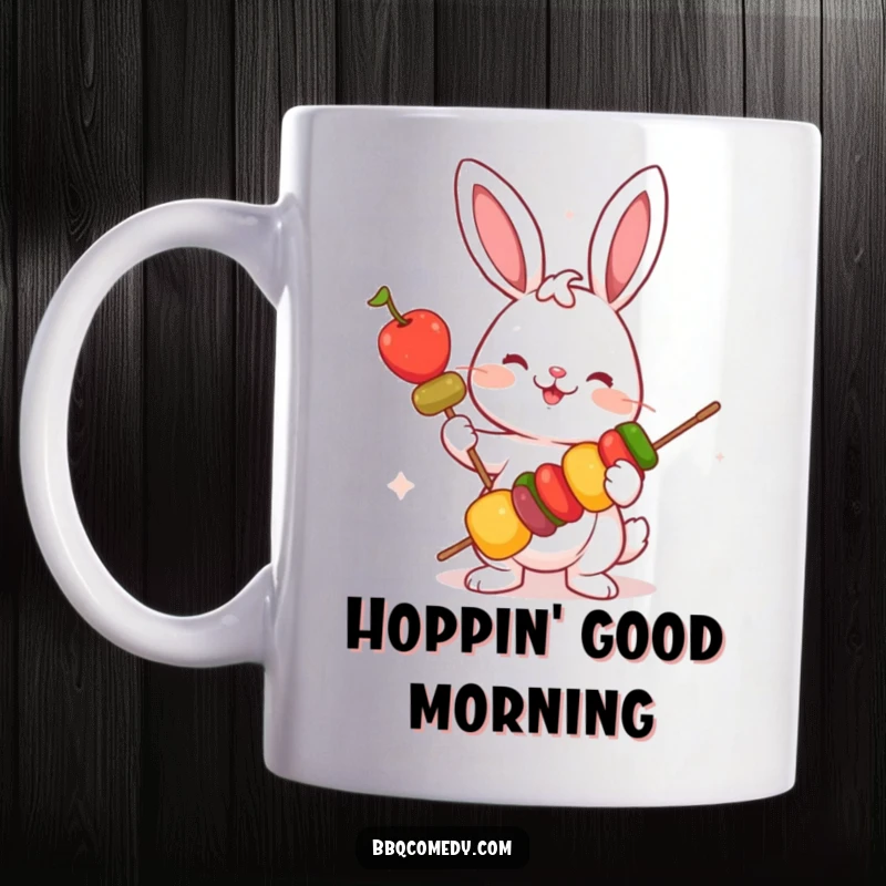 Funny playful bunny holding a skewer with colorful vegetables, perfect for a healthy eater's mug gift.