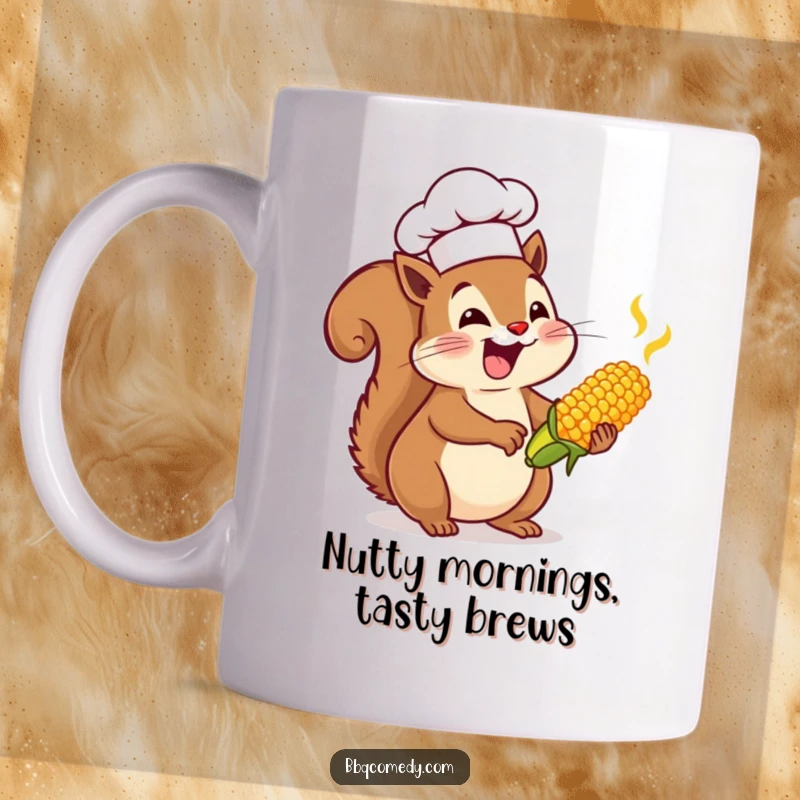 Enthusiastic squirrel in a chef hat joyfully basting tiny corn on the cob, ready to serve.