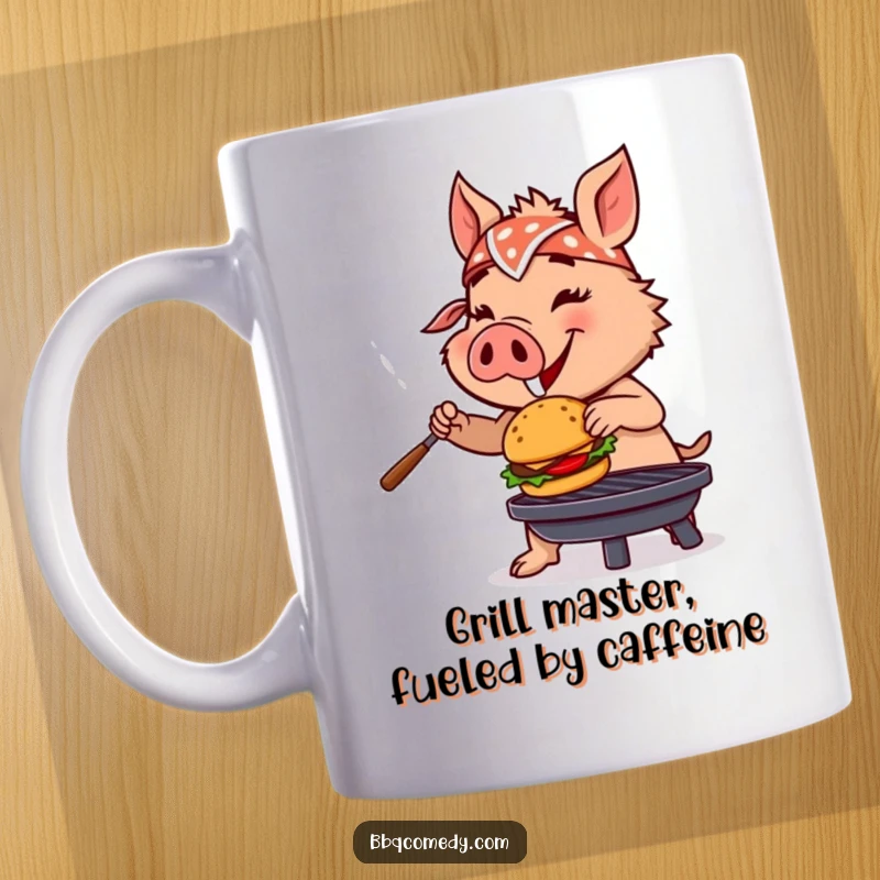 Funny boar in a bandana happily flipping a tiny burger on a grill, ready for a hilarious BBQ adventure.