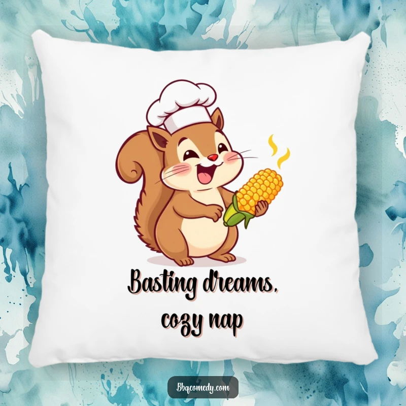 Enthusiastic squirrel in a chef hat basting tiny corn on the cob, a soft and humorous decorative pillow.