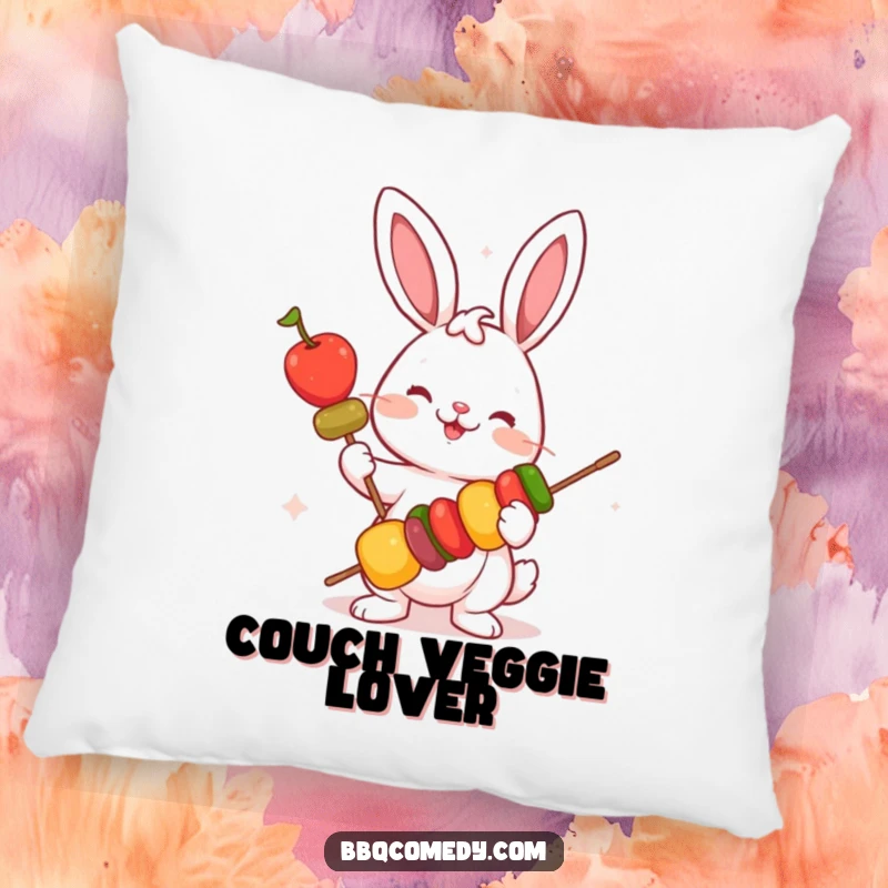 Funny playful bunny holding a skewer with colorful vegetables, a decorative and humorous pillow for sofas.