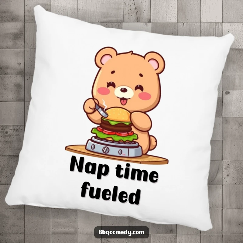 Funny cheerful bear flipping a small burger on a barbecue, a decorative and humorous pillow for sofas.