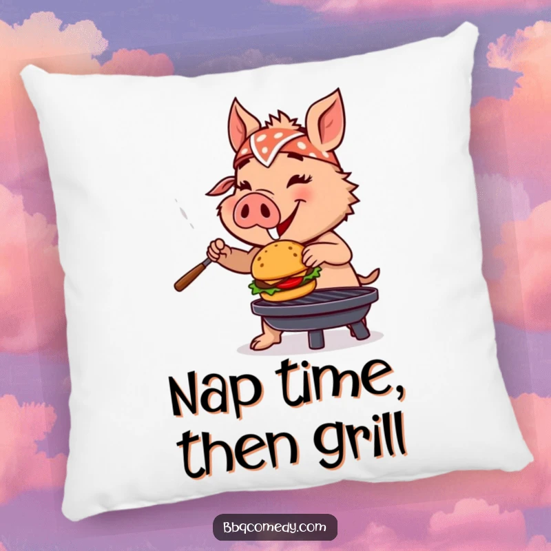 Funny boar with a bandana flipping a small burger on a grill, a soft and humorous decorative pillow.