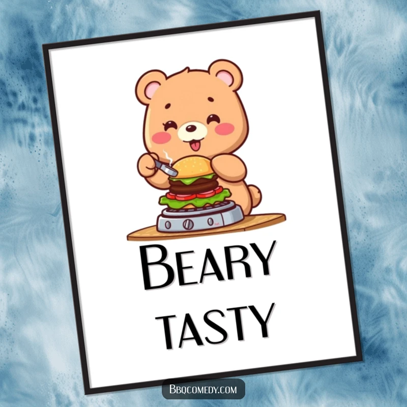 Funny cheerful bear flipping a tiny burger on a grill, printable digital art for instant humorous decor.