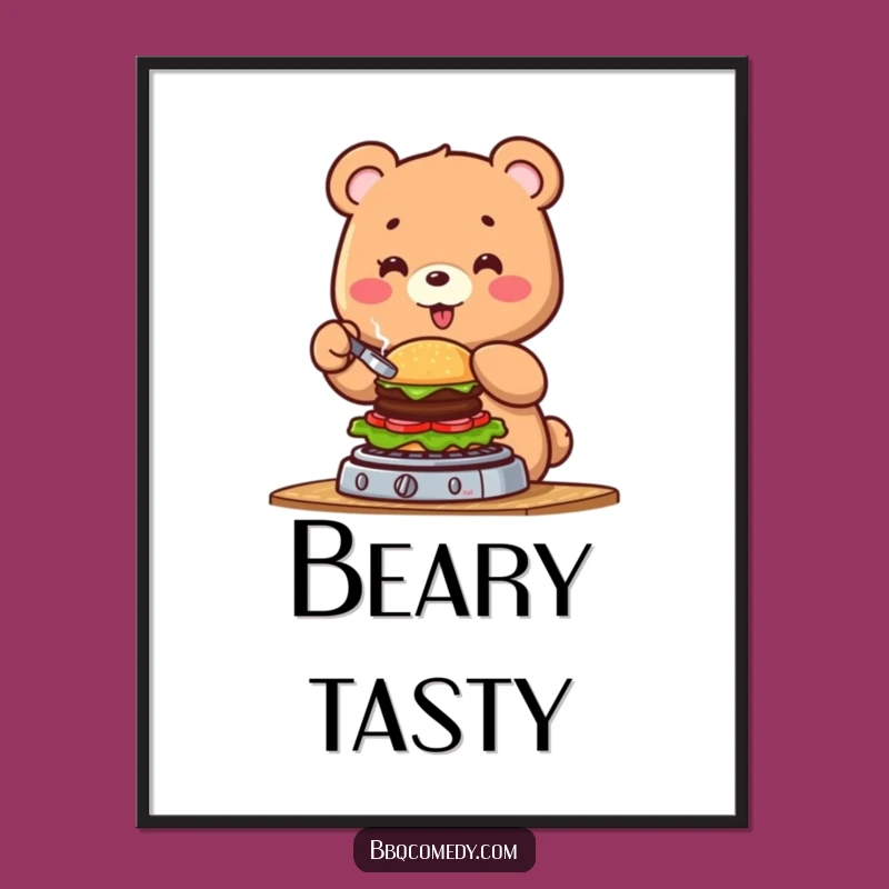 Funny Bear Burger Flipping Digital Art Print: Instant Grill Master Decor!