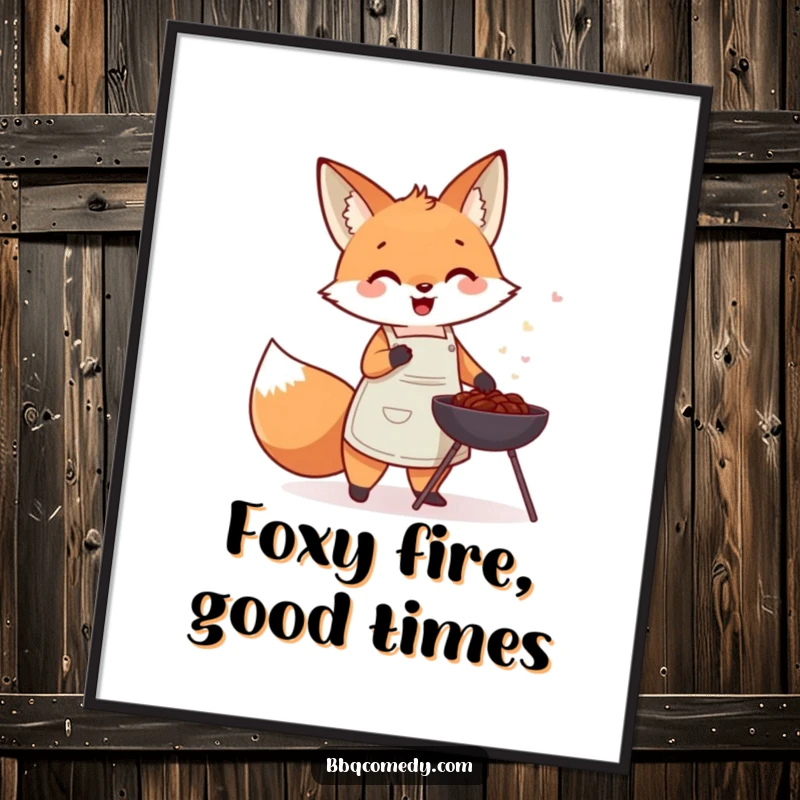 Cute fox in an apron gleefully fanning a small charcoal barbecue, a charming and funny digital art print.