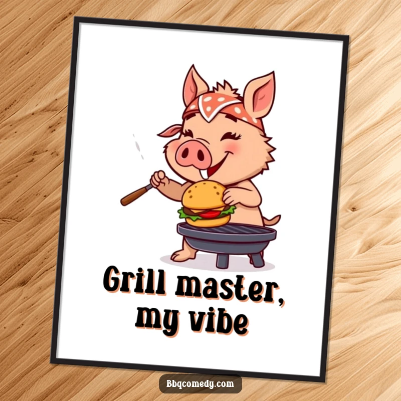 Funny boar wearing a bandana, enthusiastically flipping a miniature burger on a grill, a humorous digital art print.