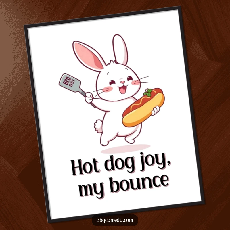 Bouncing bunny with a spatula enthusiastically flipping a miniature hot dog on a grill, a humorous digital art print.