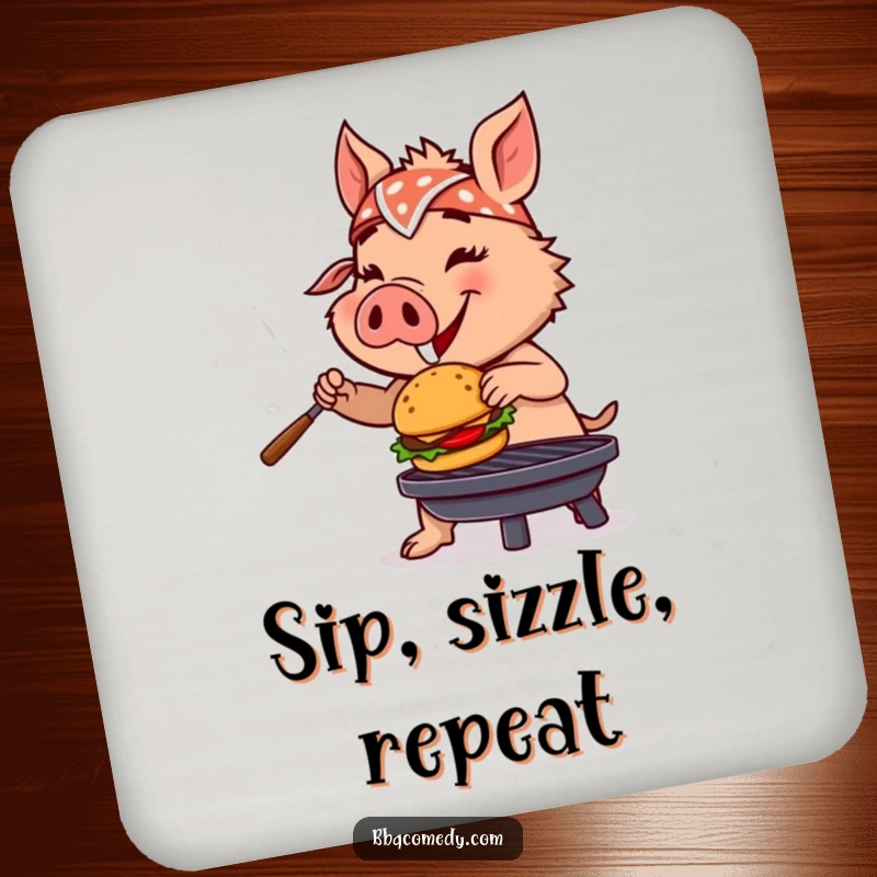 Funny boar wearing a bandana, flipping a miniature burger on a grill, featured on protective and funny drink coasters.
