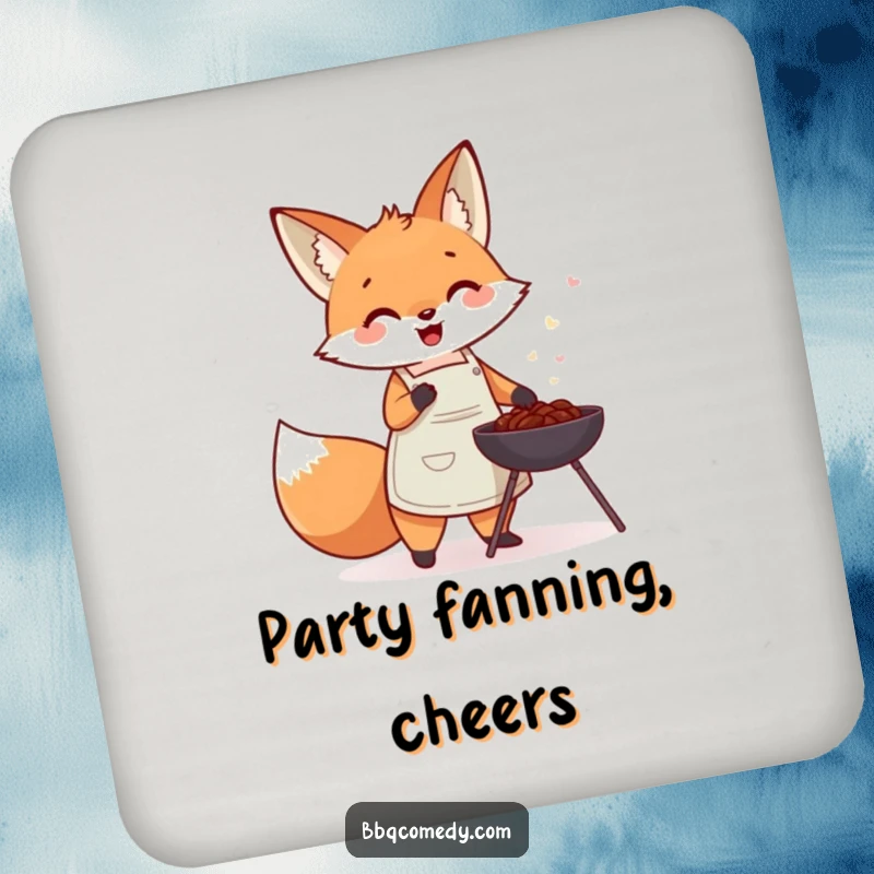 Cute fox in an apron gleefully fanning a small charcoal barbecue, on protective and funny drink coasters.