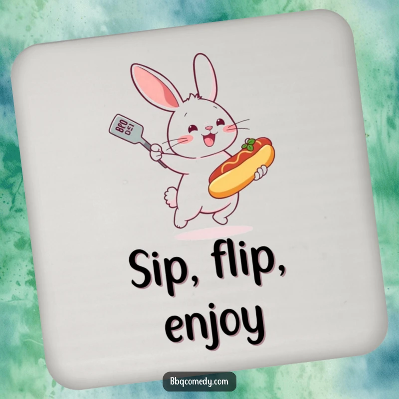 Bouncing bunny with a spatula flipping a miniature hot dog on a grill, on protective and funny drink coasters.