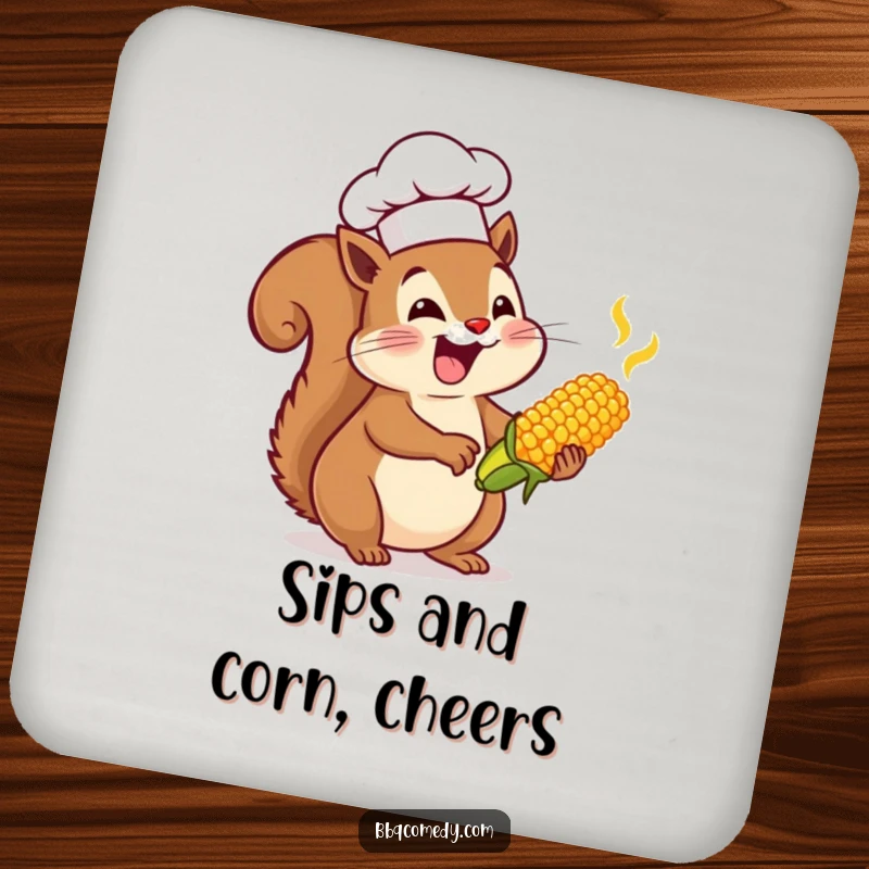 Enthusiastic squirrel wearing a chef hat, basting tiny corn on the cob, on protective and funny drink coasters.