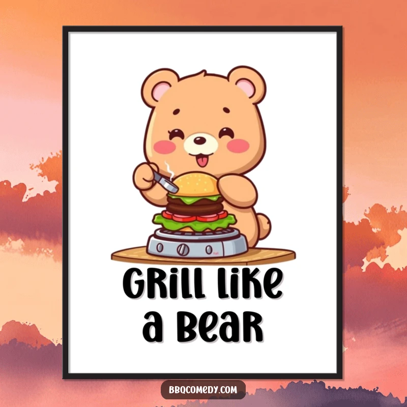 Funny cheerful bear flipping a tiny burger on a grill, humorous wall art poster for kitchens and man caves.