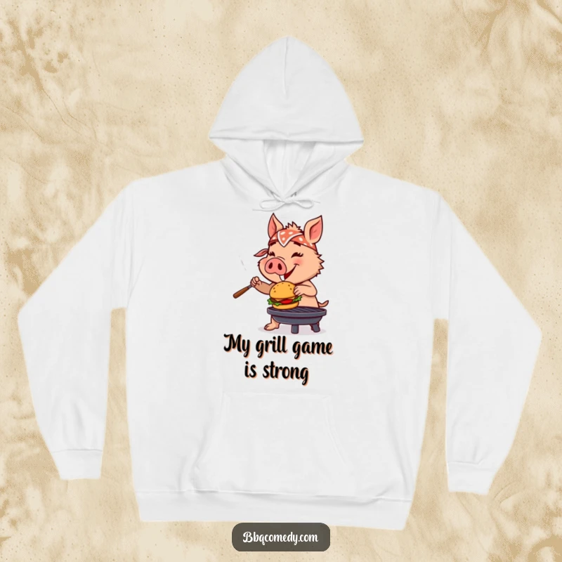 Funny boar in a bandana grilling a miniature burger, looking enthusiastic and ready for a cool day.