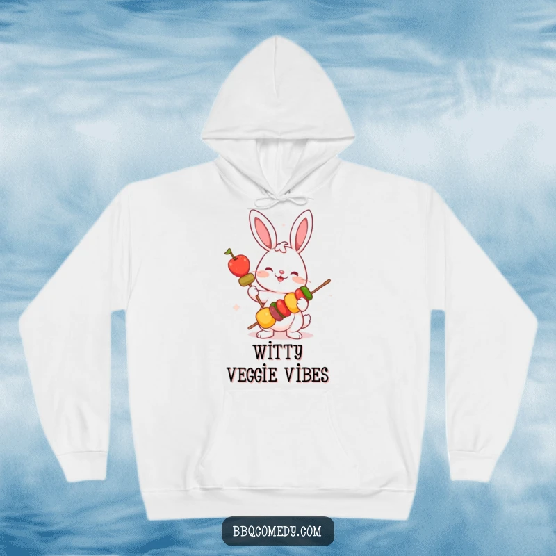 Funny playful bunny holding a skewer with colorful vegetables, depicted on a warm and humorous hoodie.