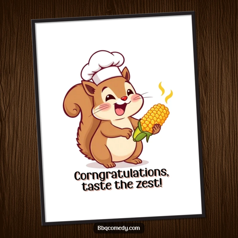 Funny Free Printable Wall Art: Enthusiastic squirrel wearing a chef hat joyfully basting tiny corn on the cob.