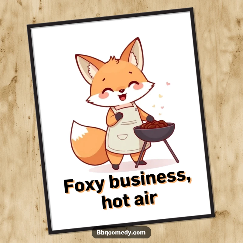Funny Free Printable Wall Art: Cute fox in an apron gleefully fanning a small charcoal barbecue with a smile.
