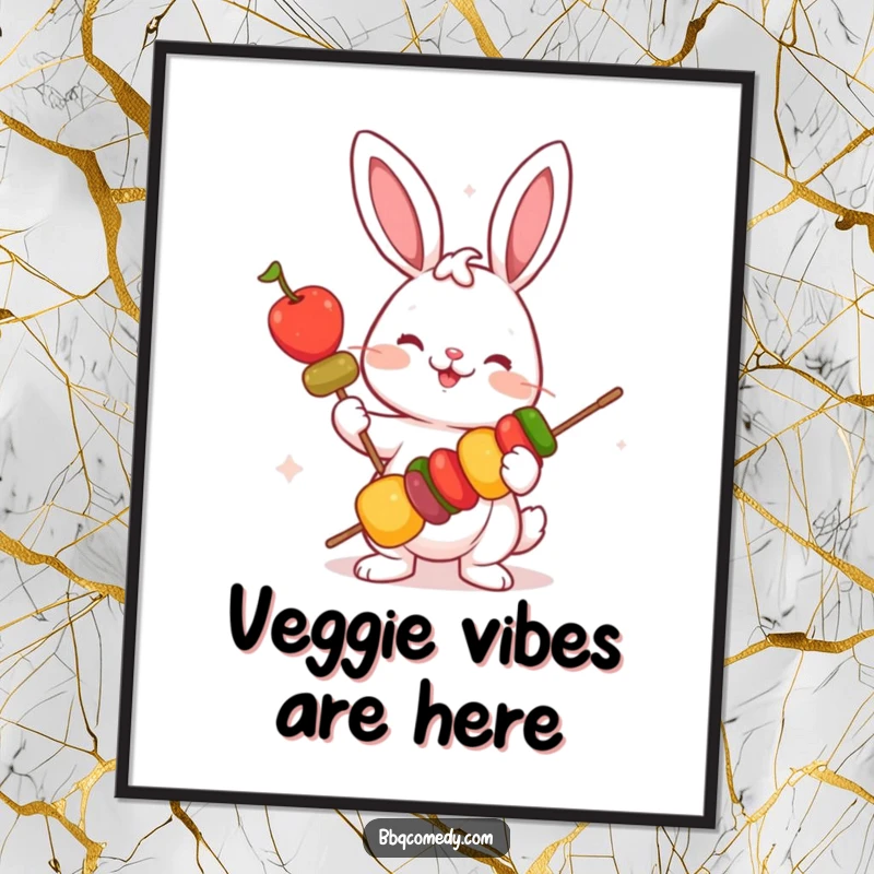 Funny free printable wall art: a playful bunny character holding a skewer filled with vibrant, colorful vegetables.
