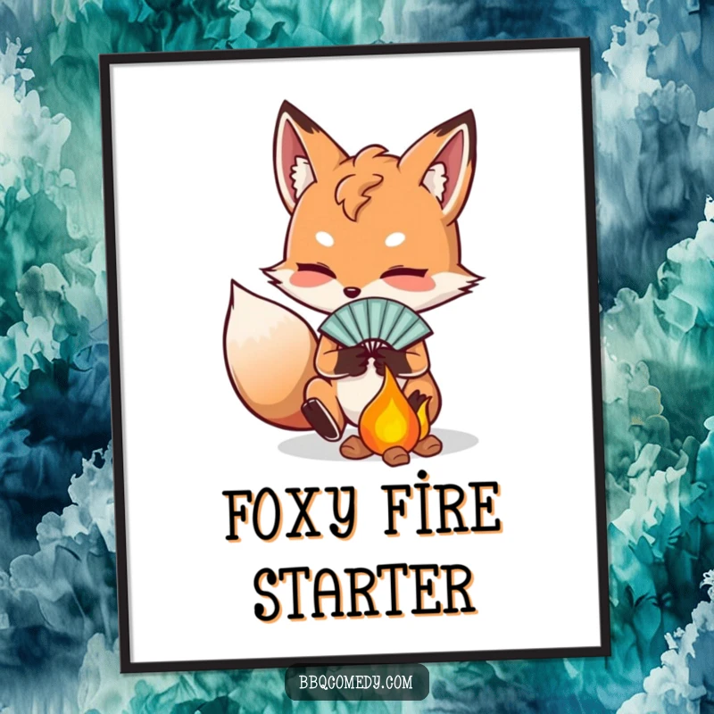 Funny free printable wall art: a determined fox diligently fanning glowing embers with a small fan, creating warmth.