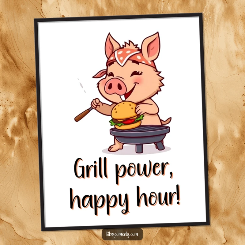 Funny Free Printable Wall Art: Boar wearing bandana enthusiastically flipping a miniature burger on a grill.