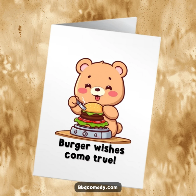 Funny free printable birthday card: a cheerful bear character expertly flipping a tiny burger on a grill, celebrating.