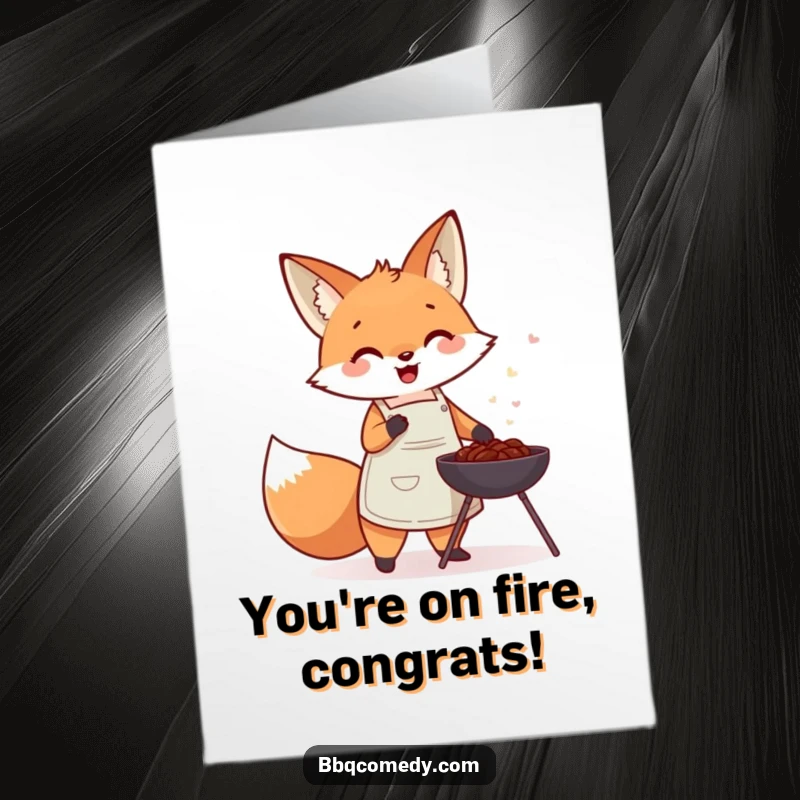 Funny Free Printable Congrats Card: Cute fox in apron gleefully fanning a small charcoal barbecue, celebrating success.