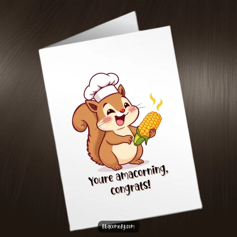 Funny Free Printable Congrats Card: Enthusiastic squirrel in chef hat joyfully basting tiny corn on the cob, celebrating.