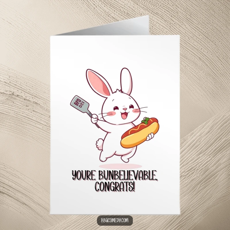 Funny Free Printable Congrats Card: Bouncing bunny with spatula enthusiastically flipping a miniature hot dog, celebrating.