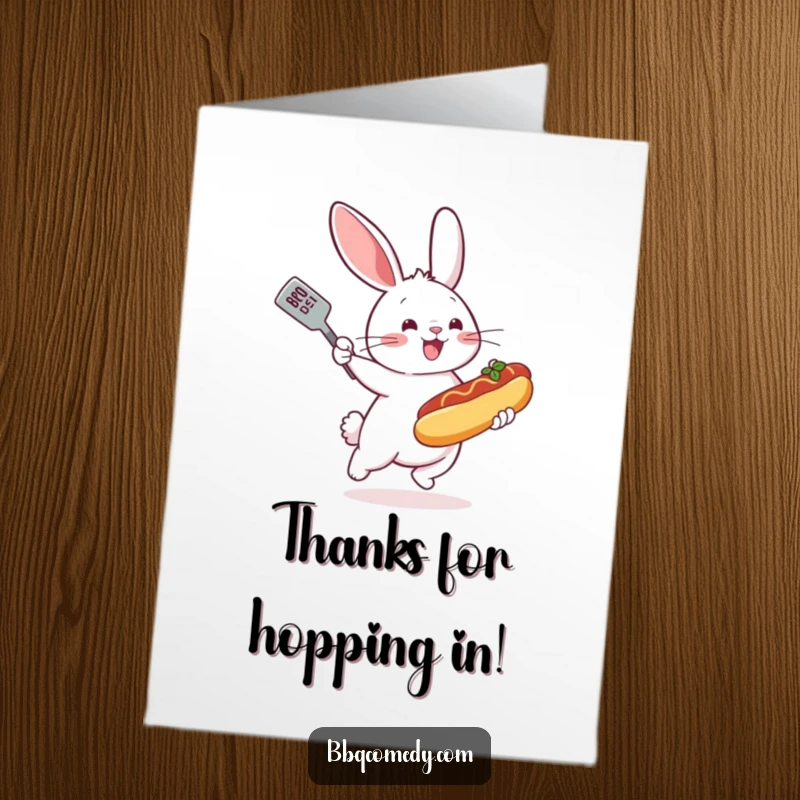 Funny Free Printable Thank You Card: Bouncing bunny with spatula enthusiastically flipping a miniature hot dog, showing thanks.