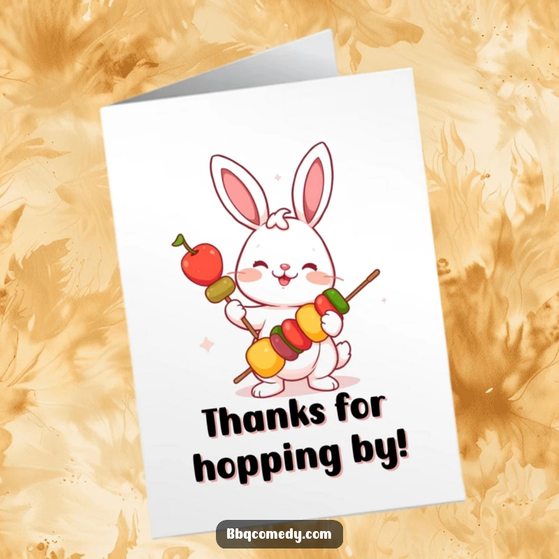 Funny free printable thank you card: a playful bunny holding a colorful vegetable skewer, expressing gratitude.