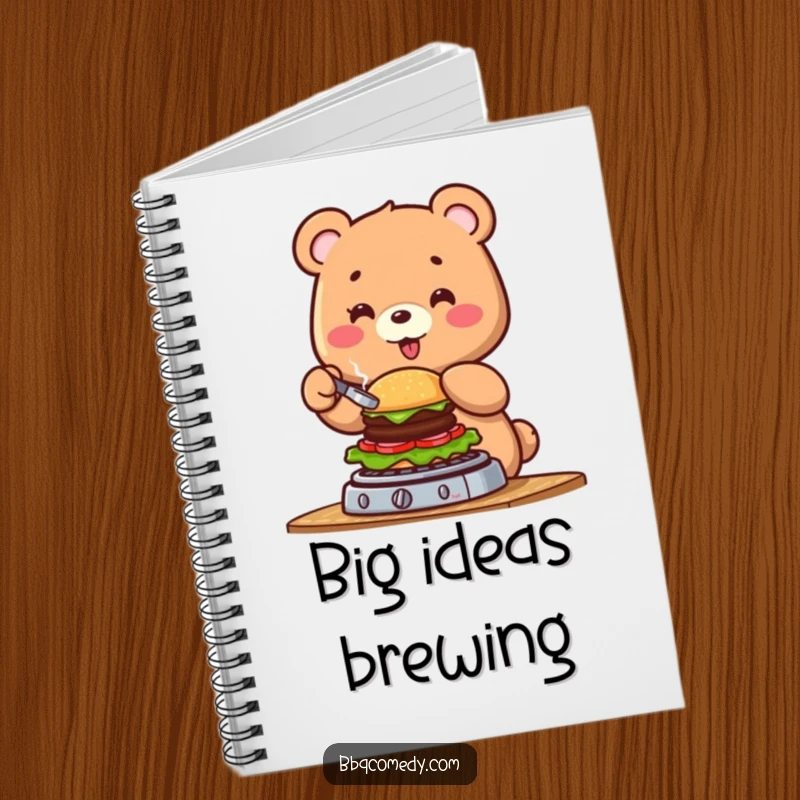 Funny cheerful bear flipping a small burger on a barbecue, a lined notebook for jotting ideas with humor.