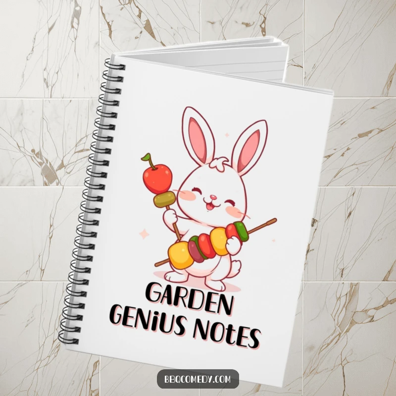 Funny playful bunny holding a skewer with colorful vegetables, a lined notebook for jotting ideas with humor.
