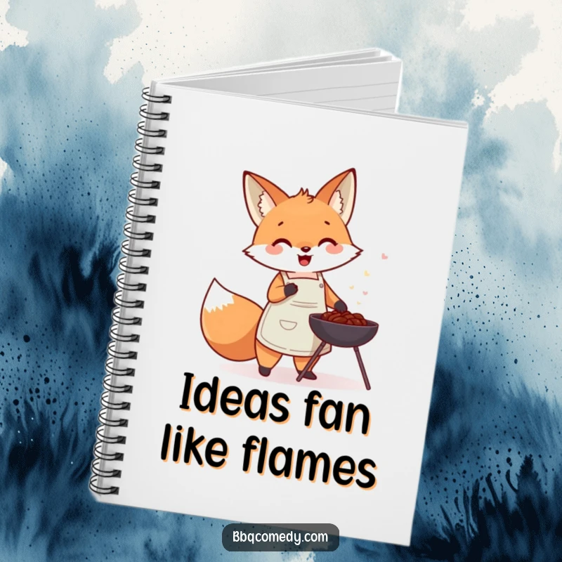 Cute fox in an apron gleefully fanning a small charcoal barbecue, featured on the cover of a funny notebook.
