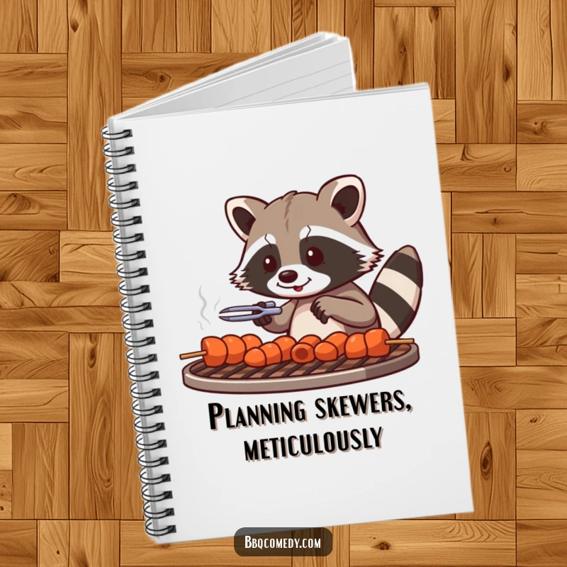 Playful raccoon with tongs arranging skewers on a grill grate, featured on the cover of a funny notebook.