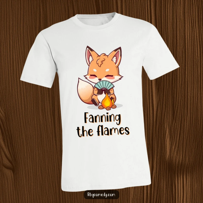 Funny determined fox fanning embers with a small fan, ideal for a t-shirt celebrating perseverance.