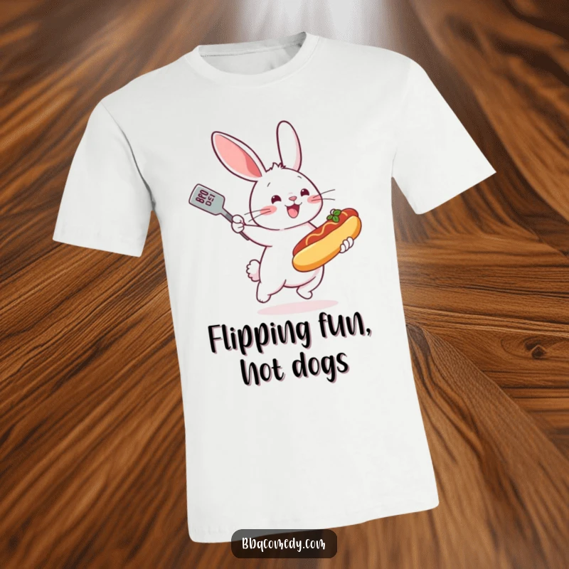 A cheerful, bouncing bunny holding a spatula, flipping a miniature hot dog on a grill.