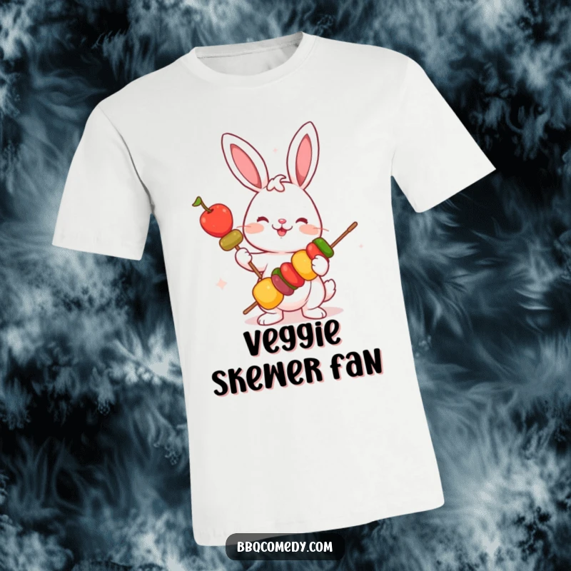 Funny playful bunny holding a small skewer with colorful vegetables, perfect for a healthy lifestyle t-shirt.