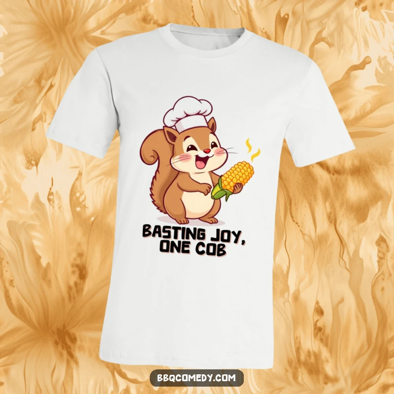 Enthusiastic squirrel wearing a chef hat, happily basting miniature corn on the cob with a brush.