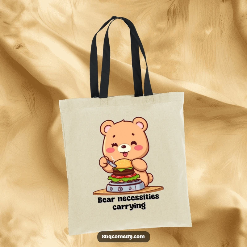 Funny cheerful bear flipping a small burger on a barbecue, a durable tote bag for carrying groceries.