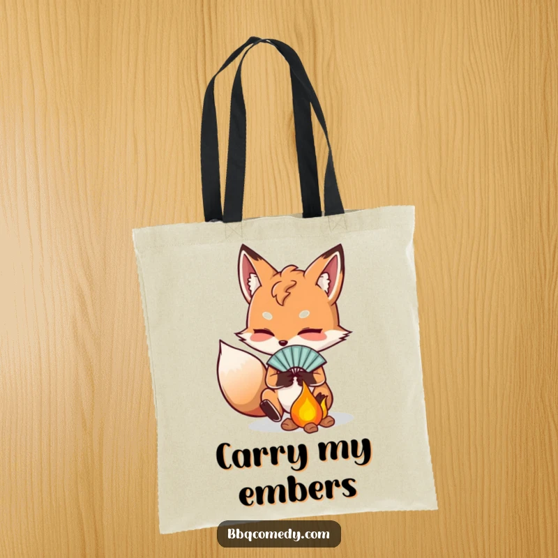 Funny determined fox fanning embers with a small fan, a durable tote bag for carrying essentials.