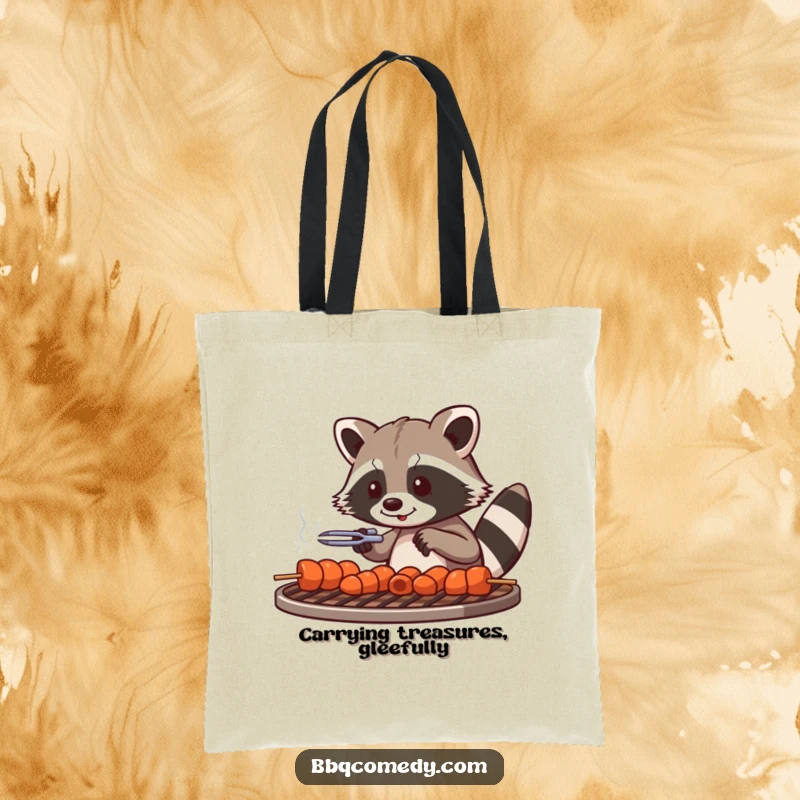 Playful raccoon with tongs arranging skewers on a grill grate, ready for a shopping trip.